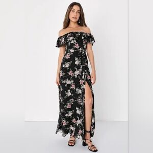 Lulus Off The Shoulder Black & Pink Floral Maxi Dress With Slit